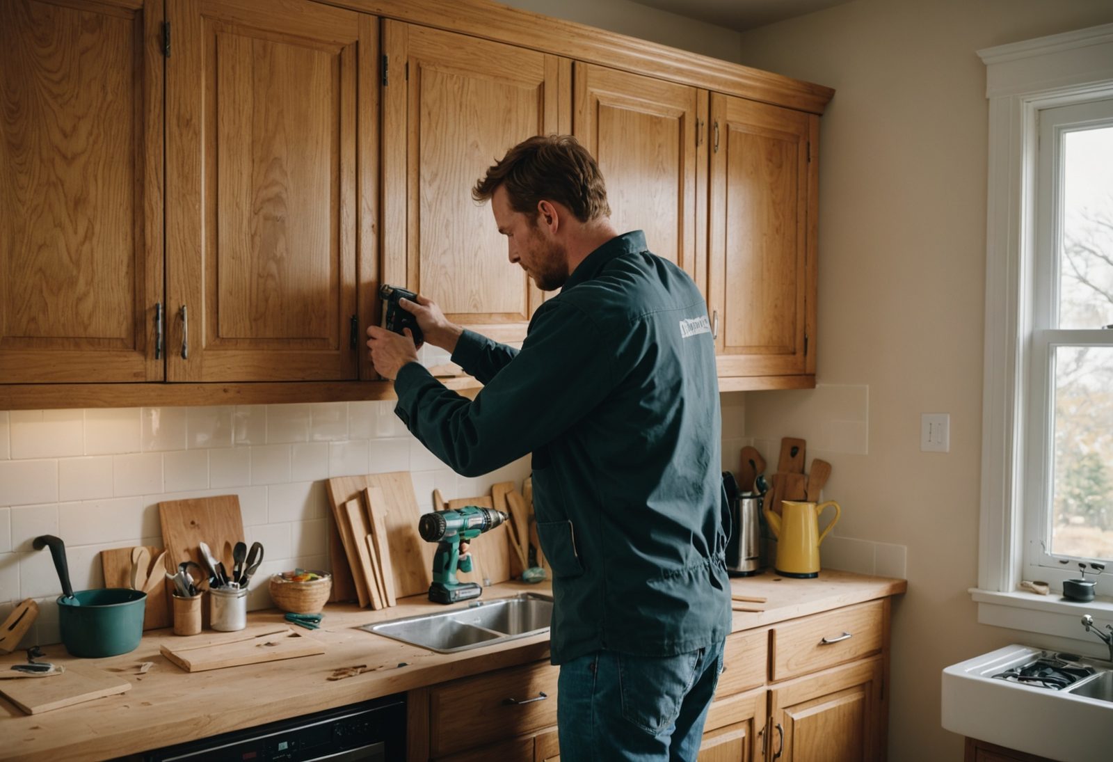 A carpenter fitting an oak wall cabinet in a kitchen under renovation