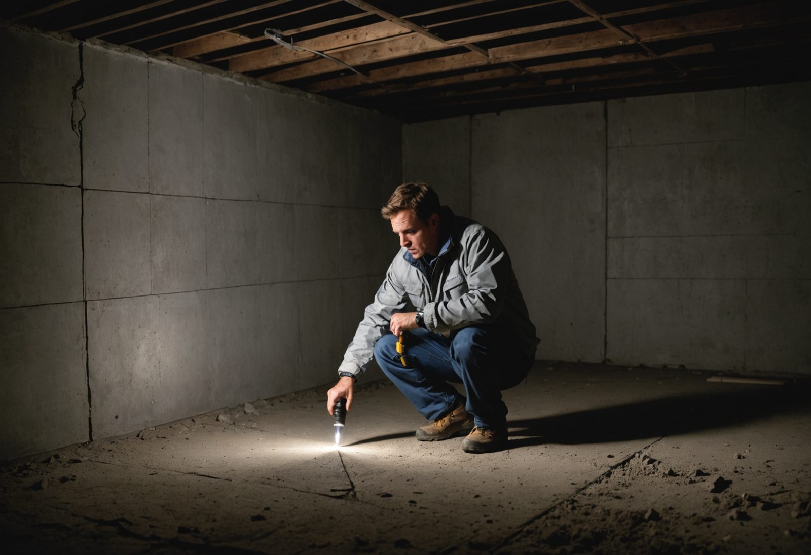 A contractor crouched in an unfinished basement, shining a flashlight along a crack in a concrete wall
