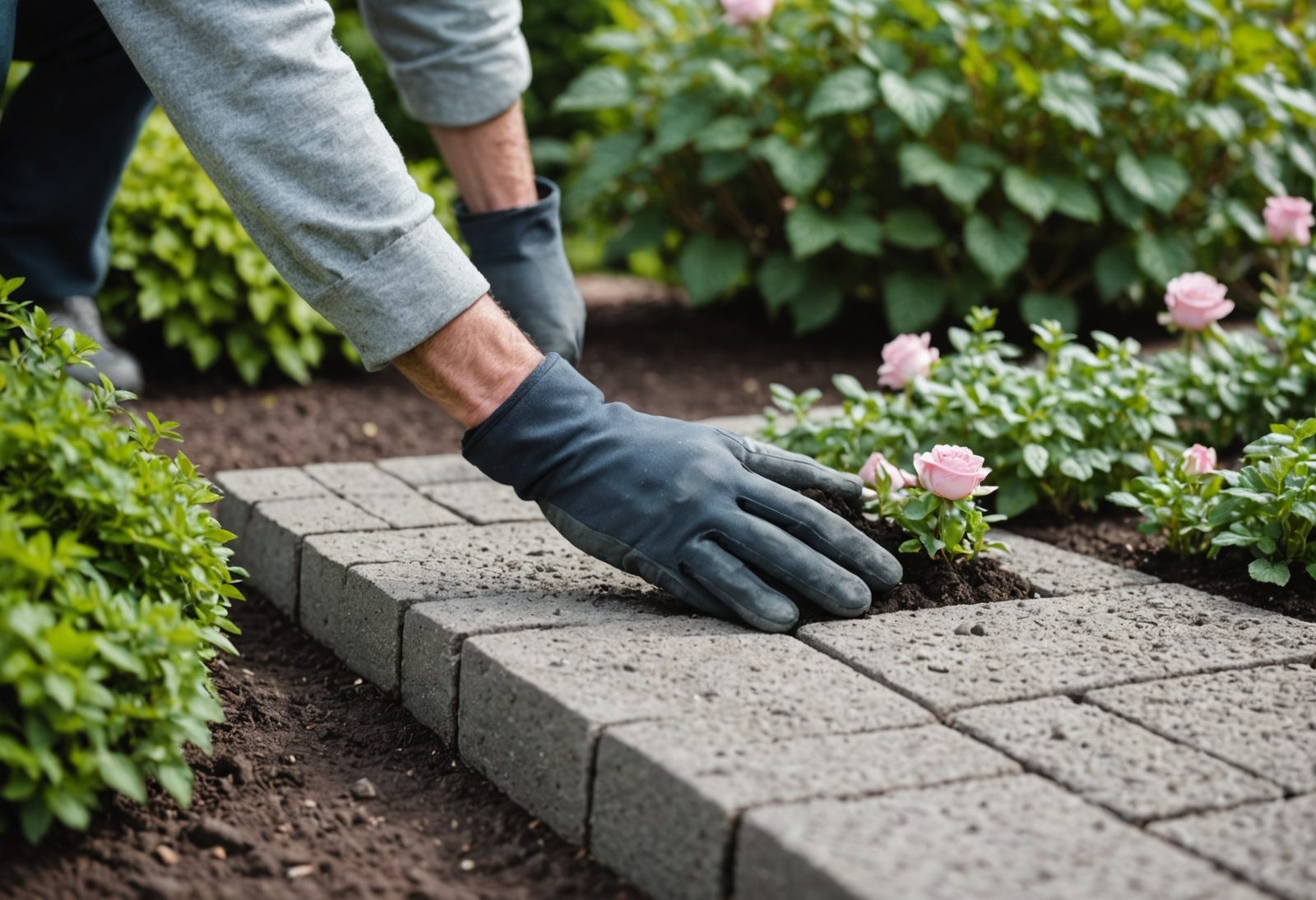 A gardener's gloved hands setting a grey paving stone into a garden bed