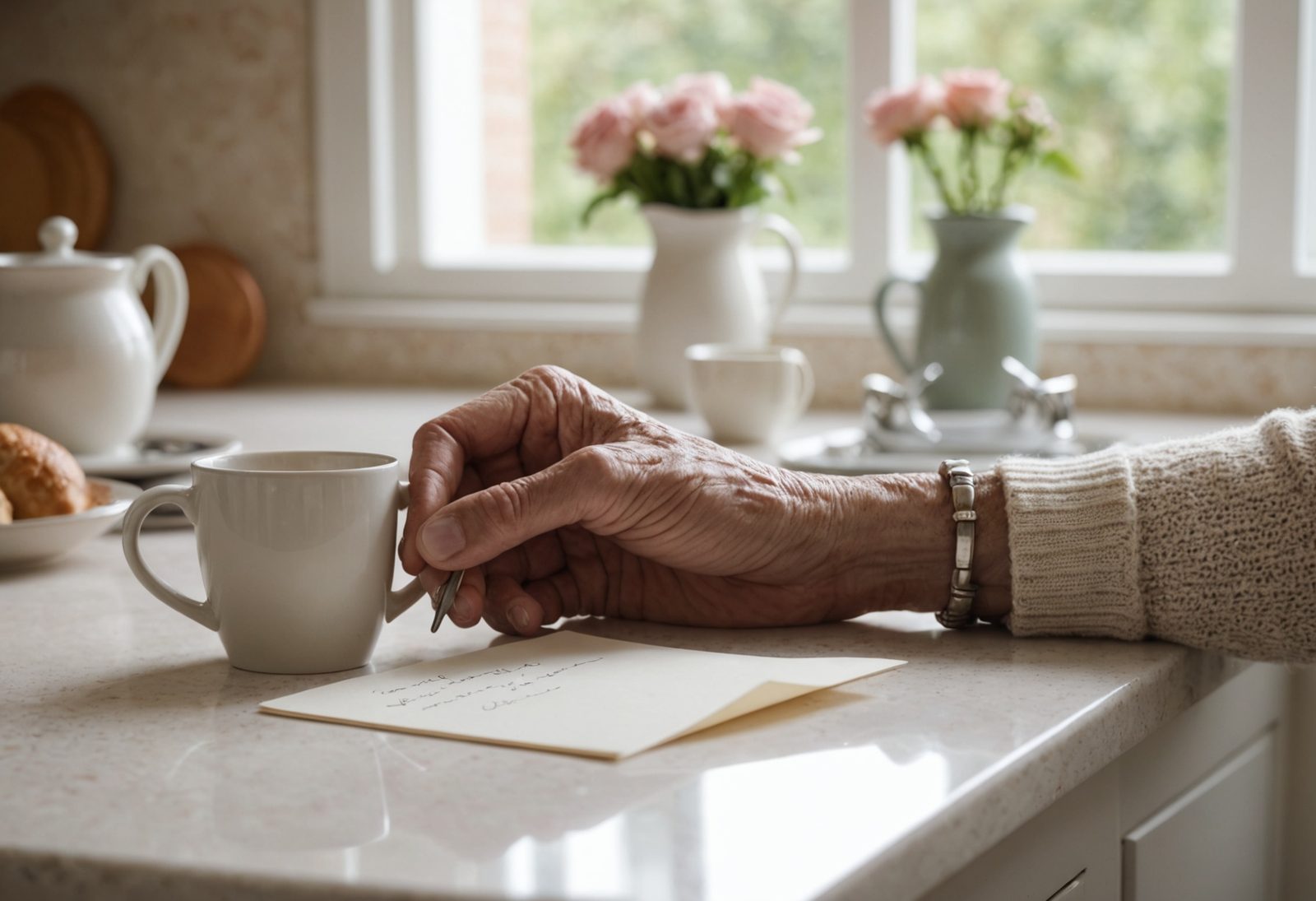A hand rests on a pale quartz counter beside a white mug and a folded card