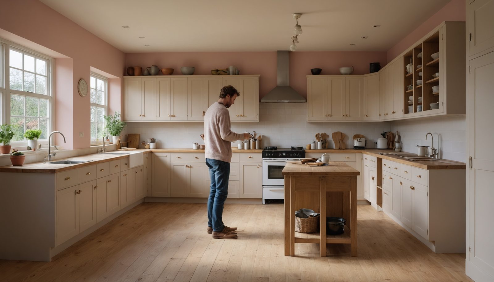 A man in a pink sweater stands in a kitchen with cream cabinets, oak counters and an oak floor