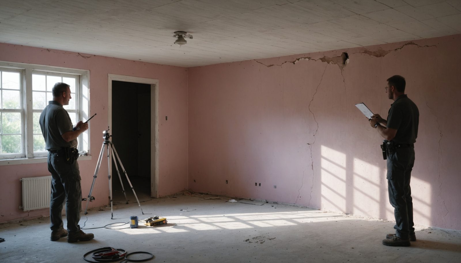 A person with a flashlight checking a cracked wall in an empty room