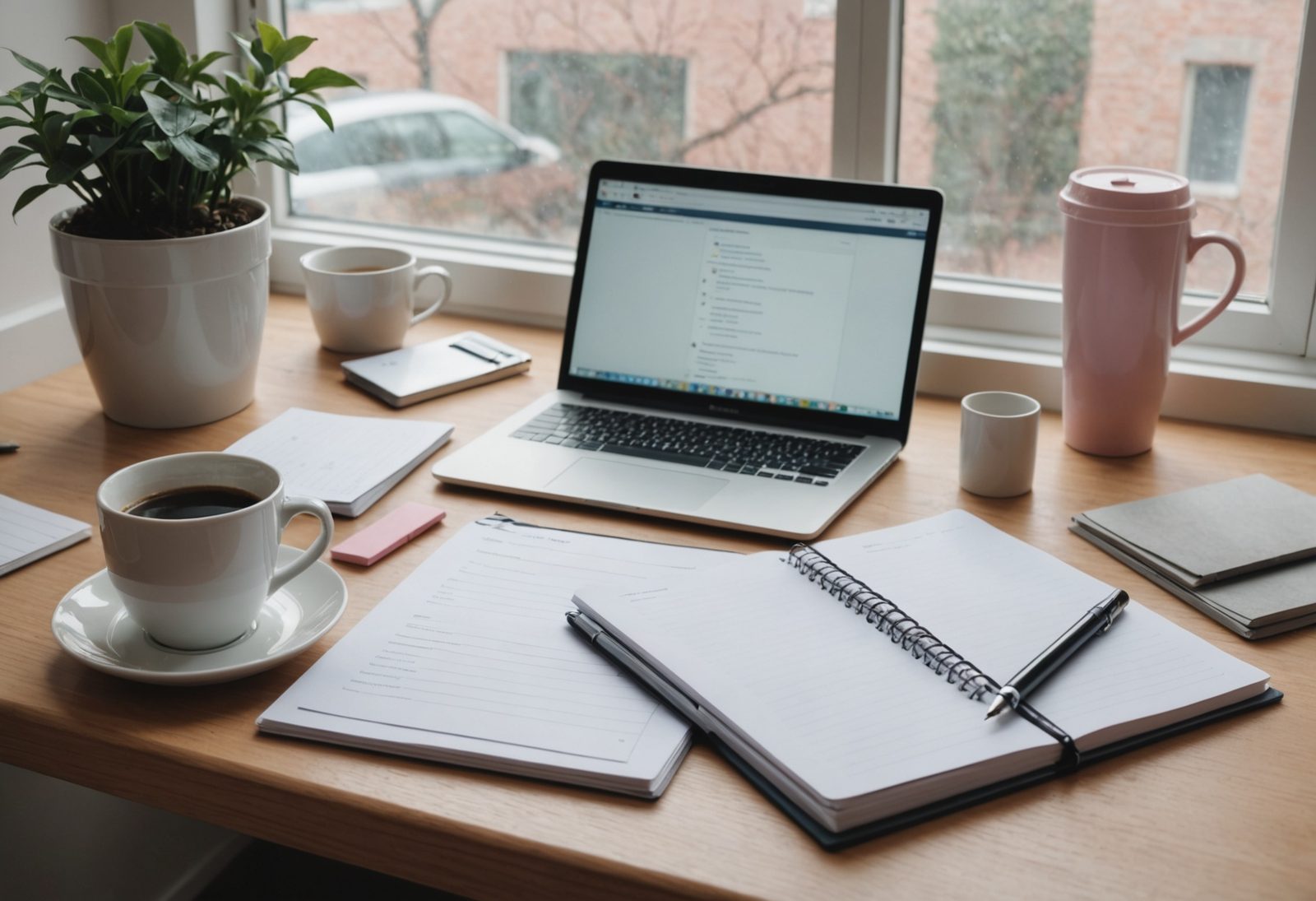 A wooden desk by a window with printed checklists, a closed laptop and a coffee cup