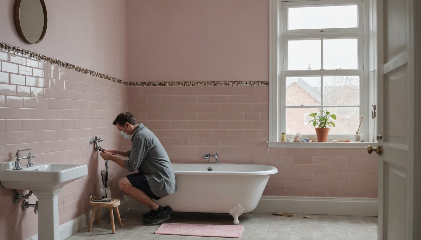 A worker in a face mask crouches beside a clawfoot tub against a pink-tiled bathroom wall