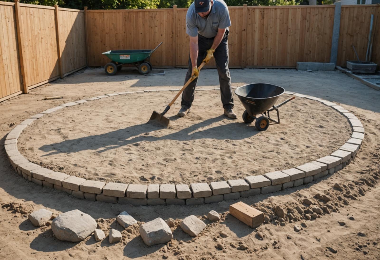 A worker with a shovel rakes sand inside a ring of paver edging on a backyard patio base, a wheelbarrow nearby